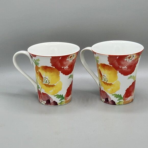 Set of 2 Jolly Poppy Mug by 222 Fifth Yellow Red Orange Flowers Floral - Picture 3 of 10